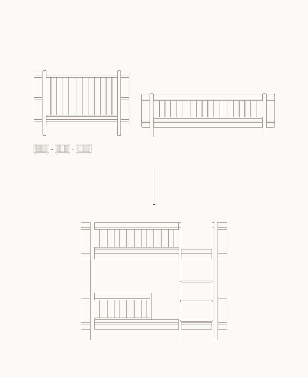 Oliver Furniture Wood Mini+ Umbauset Babybett & Juniorbett zum halbhohen Etagenbett, Eiche – Umbau-Übersicht