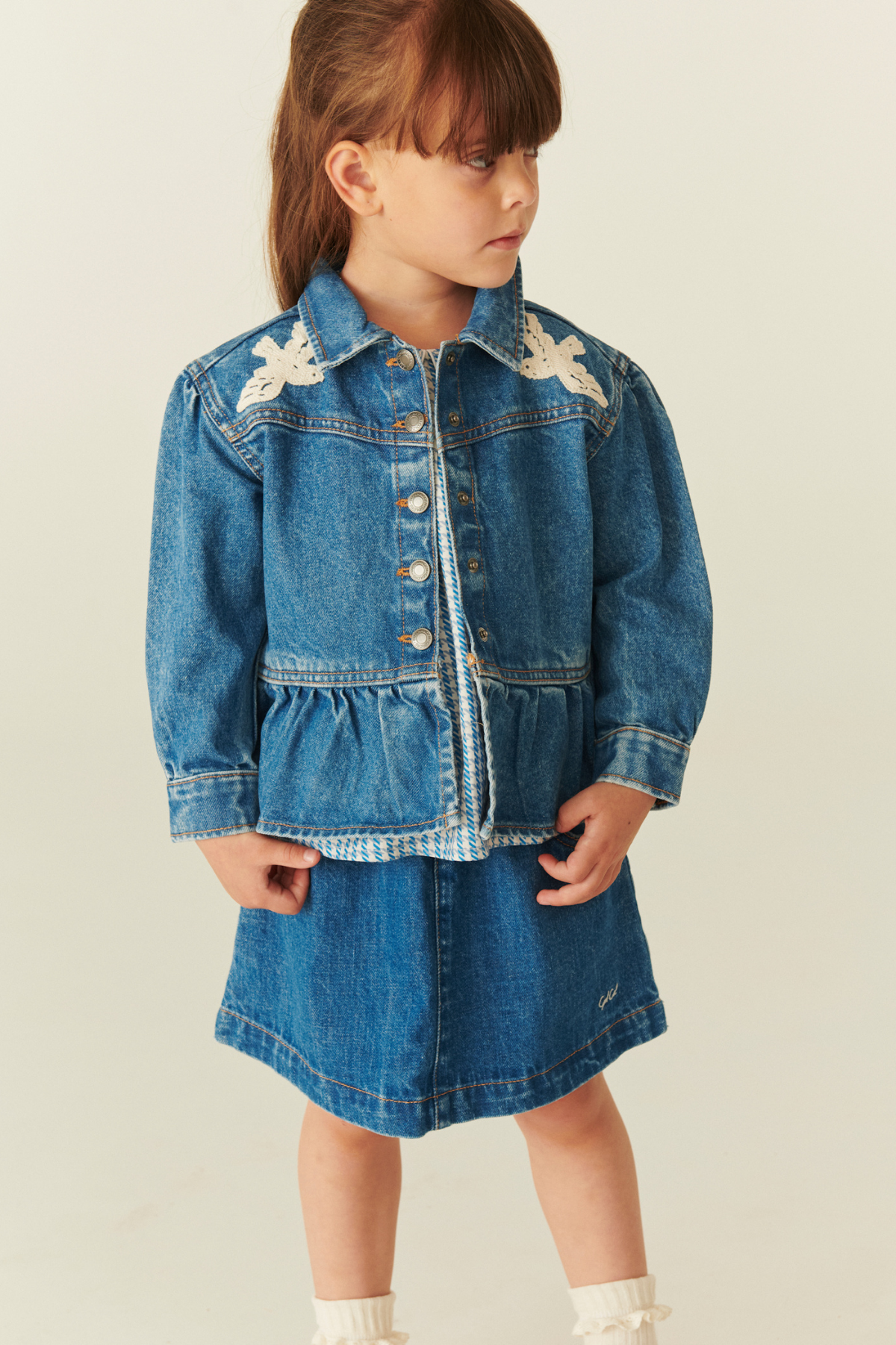 Denim Jacke "Crochet Doves" | Indigo Blue