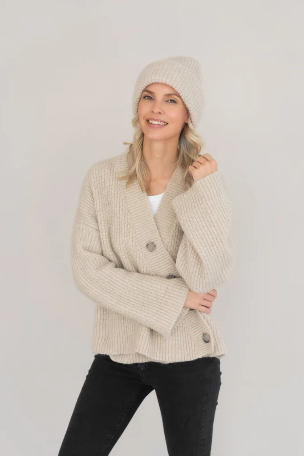 Asymetrischer Cardigan für Erwachsene Onesize aus Wolle-Seide-Mix | Beige