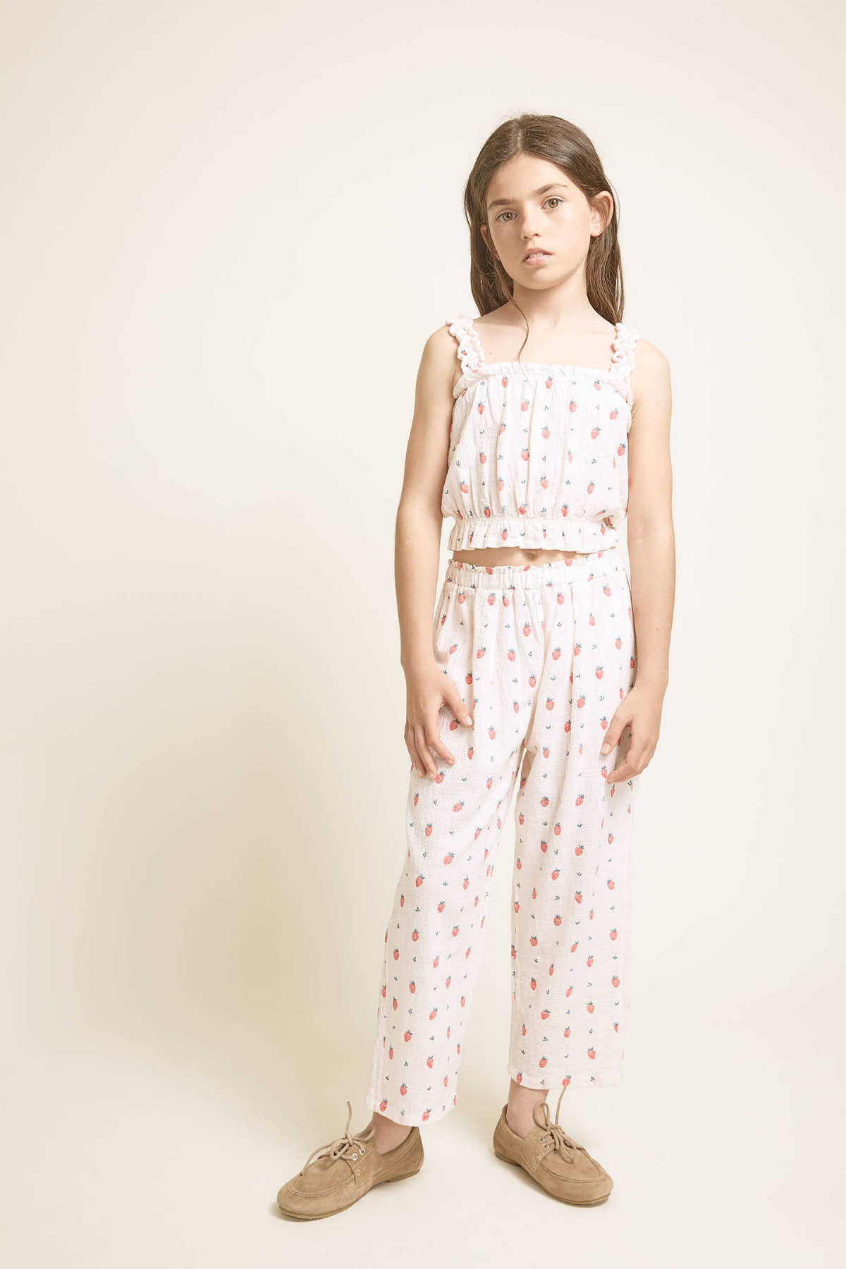 Hose mit weitem Bein und Erdbeer-Print | Cream Pink